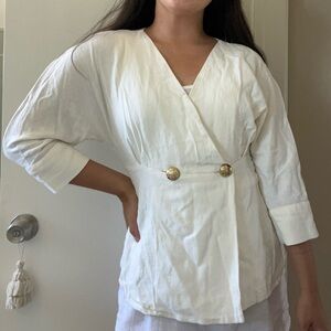 Zara Cream Linen Blend Blazer Blouse Top Sailor Gold Buttons size XS